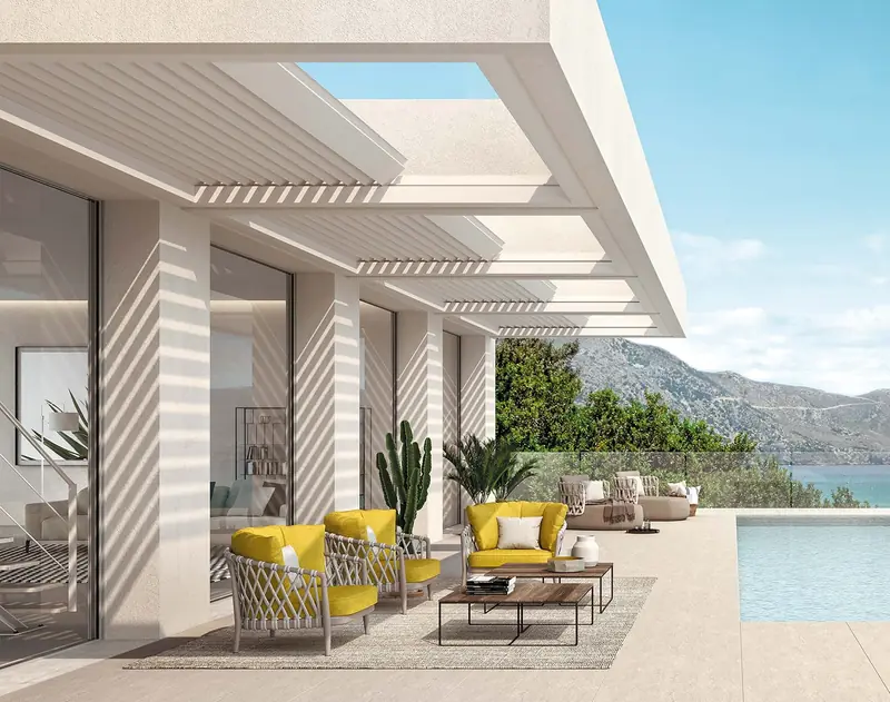 Pergola bioclimatica bianca su una terrazza vista lago